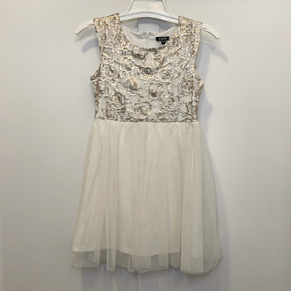 Zunie Big Girl’s Dress Size 12 Beige Gold Sequin  Tulle party dance formal